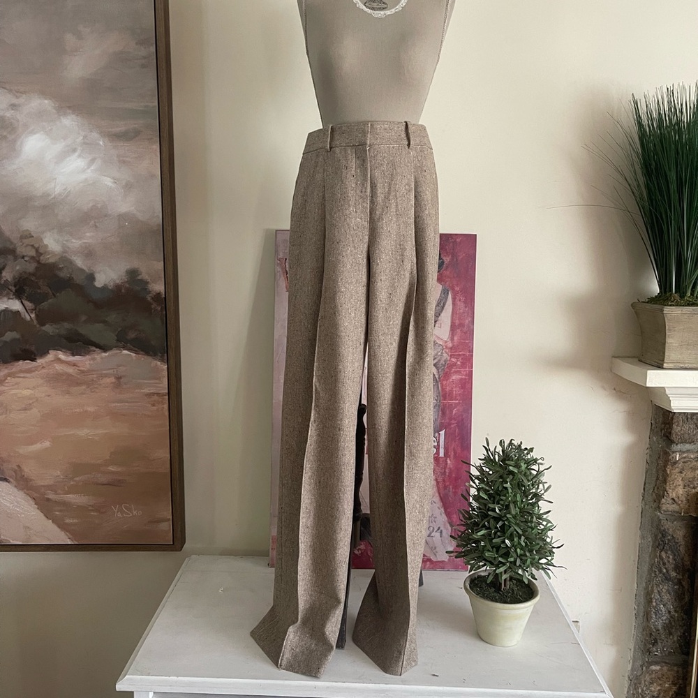 Theory Classic Tan Speckled Wool Blend Wide Leg Trousers